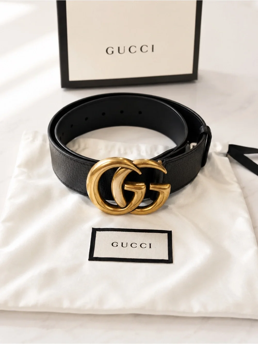 Gucci Black Leather Belt with Gold Double G Buckle